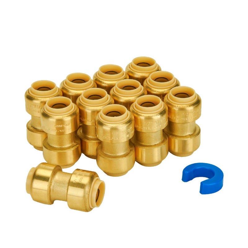 SUNGATOR 1/2 Inch Coupling, Push Pex Fittings 1/2 Inch, 1/2" Straight Coupling, No Lead Brass Push-to-Connect Fittings for Pex Pipe, Copper, CPVC, with 1 Disconnect Clip, Pack of 12 - Image 1